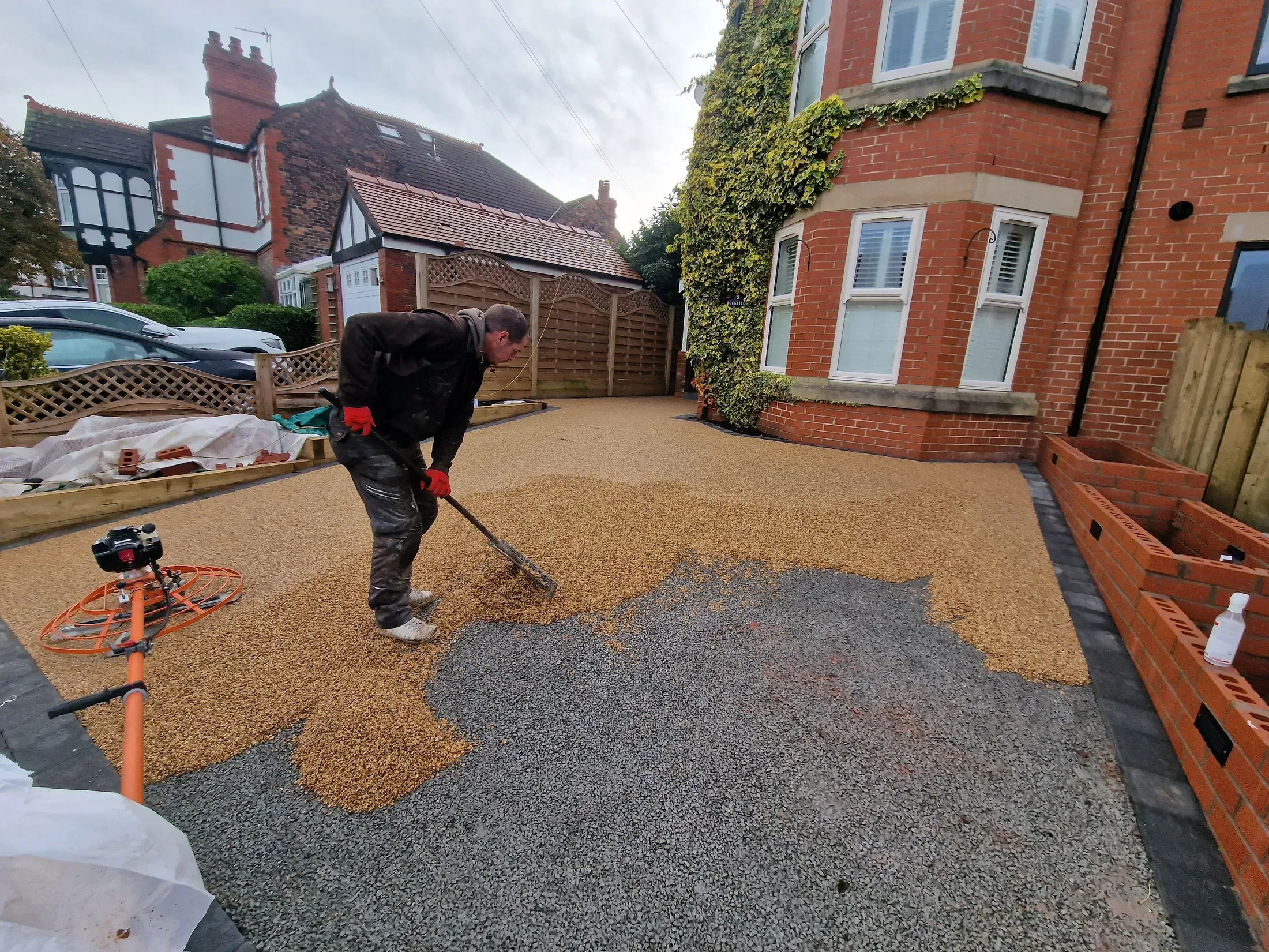 Resin aggregate being hand laid on a prepared surface